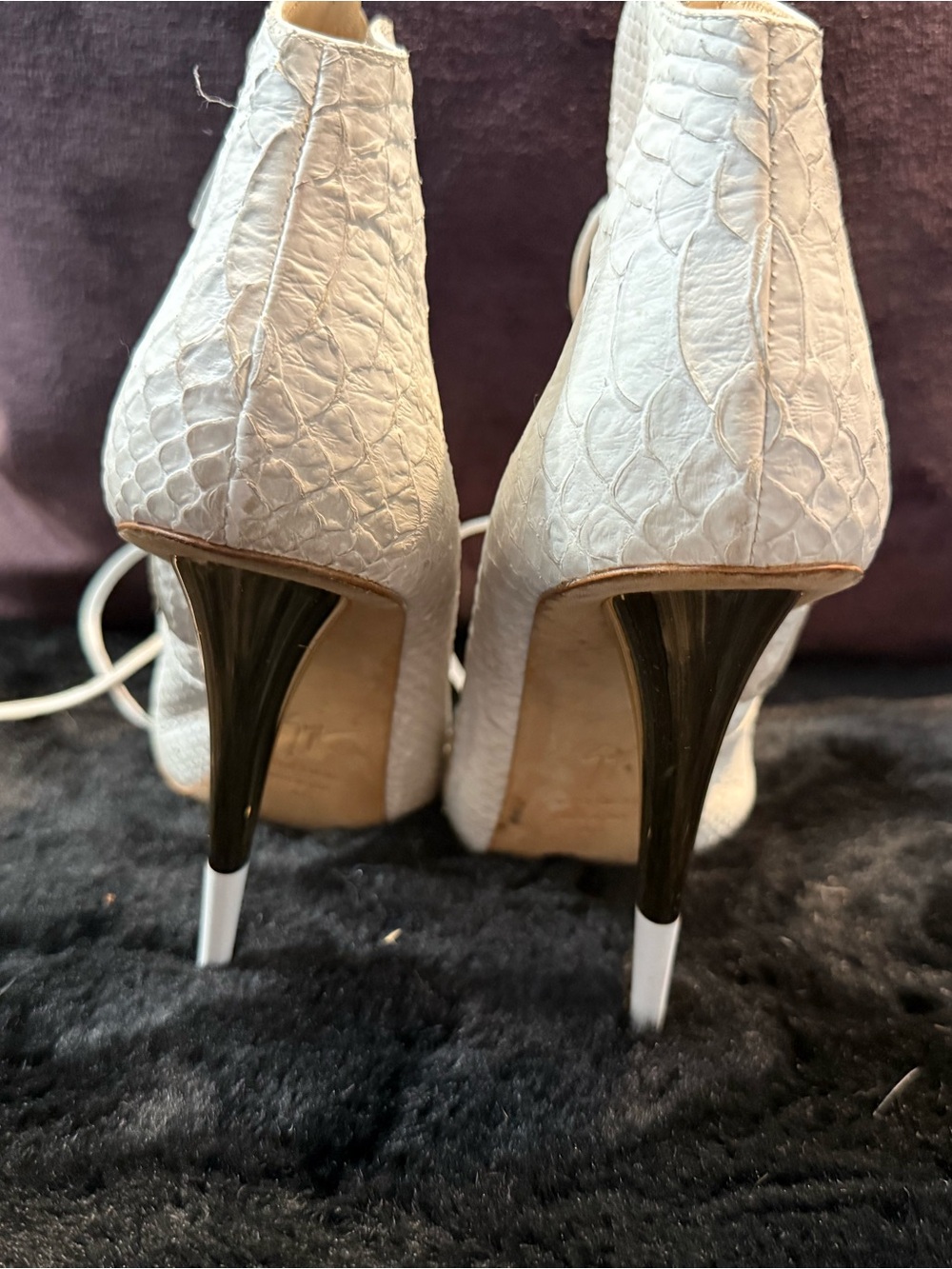 Giuseppe Zanotti White Textured Stiletto Ankle Boots with Black Heels